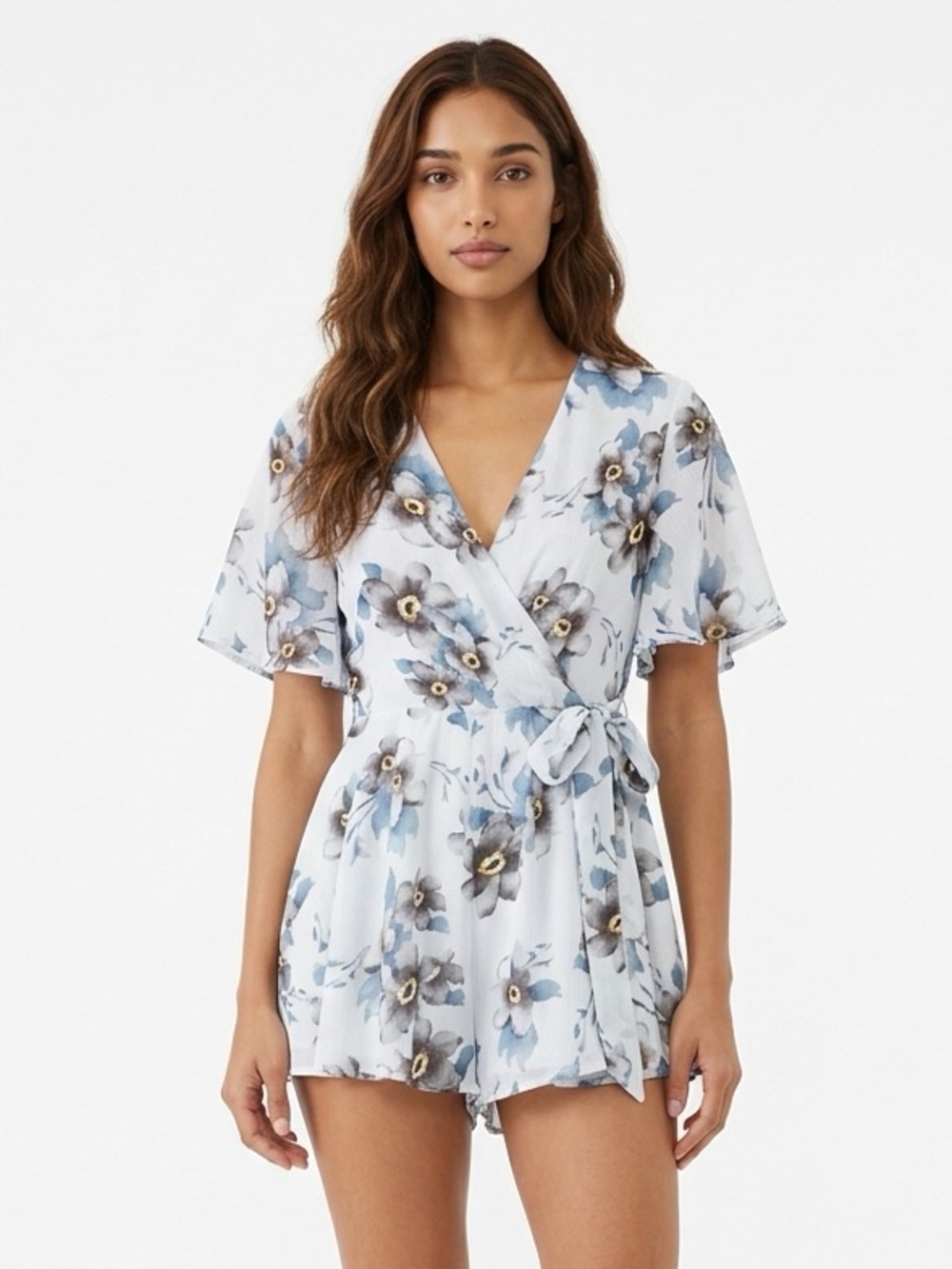 L'ATISTE White Floral Wrap Romper with Blue & Gray Blooms